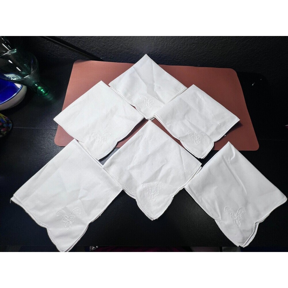 Vintage Hand Embroidered 16"x15" White Flower Napkins Linen Set of 6